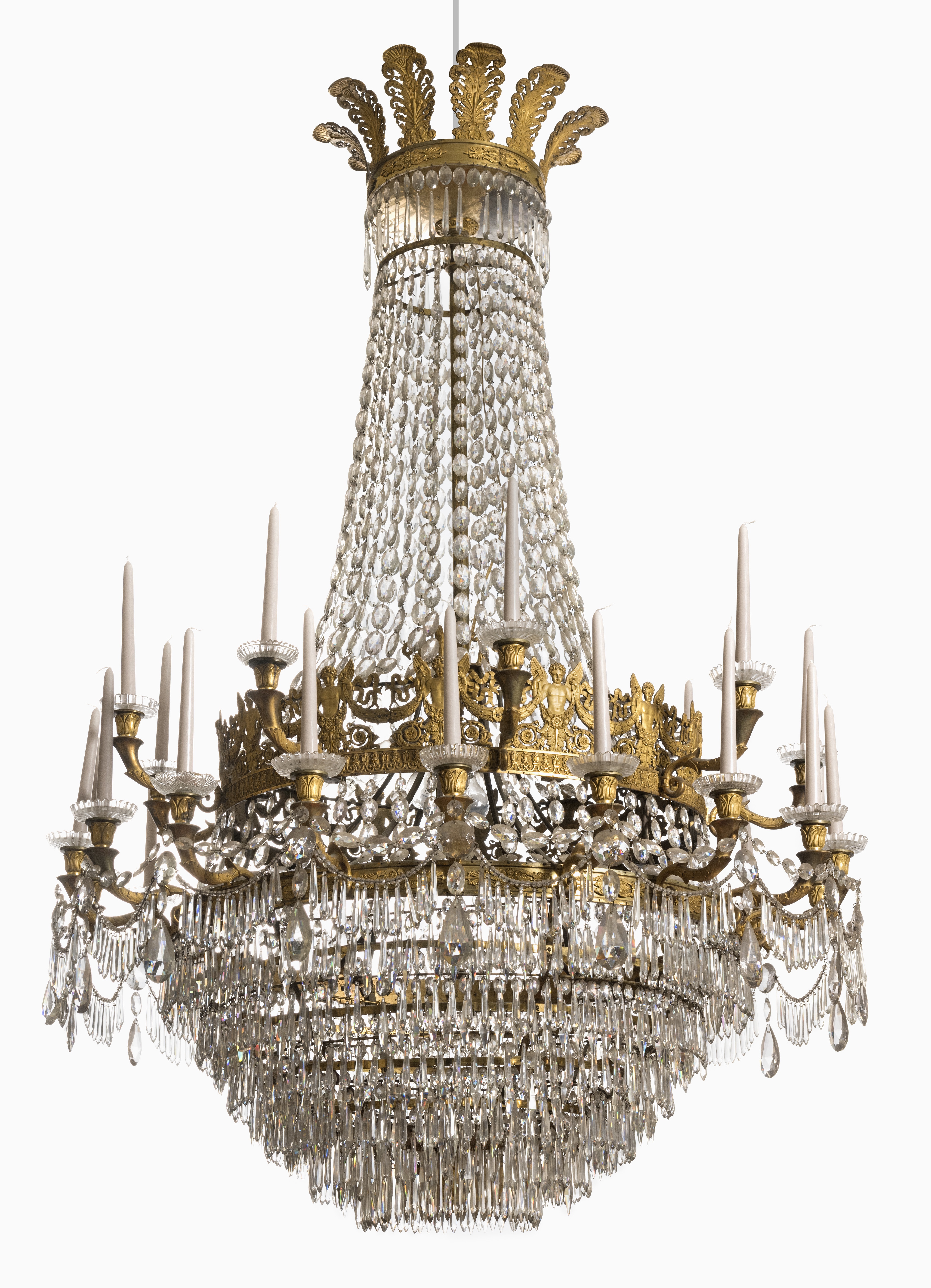 An exceptional Empire ormolu and Mont-Cenis cut-crystal twenty-seven lights chandelier in two rows, attributed to the Maison Chaumont.